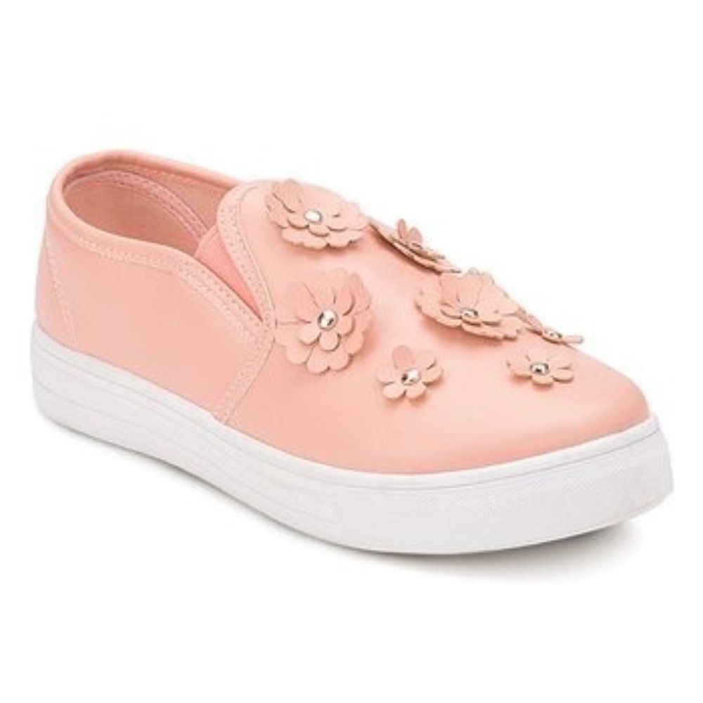 OLIVIA MILLER Faux Leather Floral Accent Slip-on Sneakers